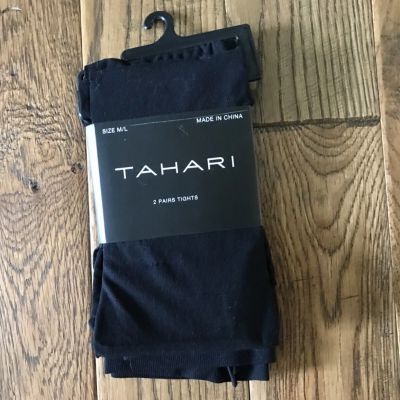 TAHARI Black Semi Opaque 2 PAIR Footed TIGHTS Womens Size MEDIUM / LARGE M/L NEW